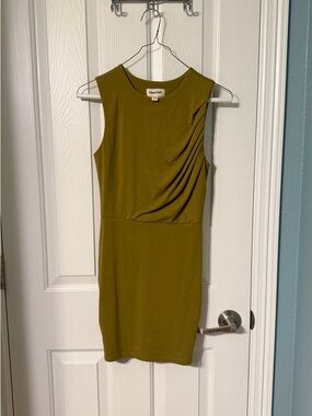 Open Edit Olive Midi Sheath Dress with Side Drape XS